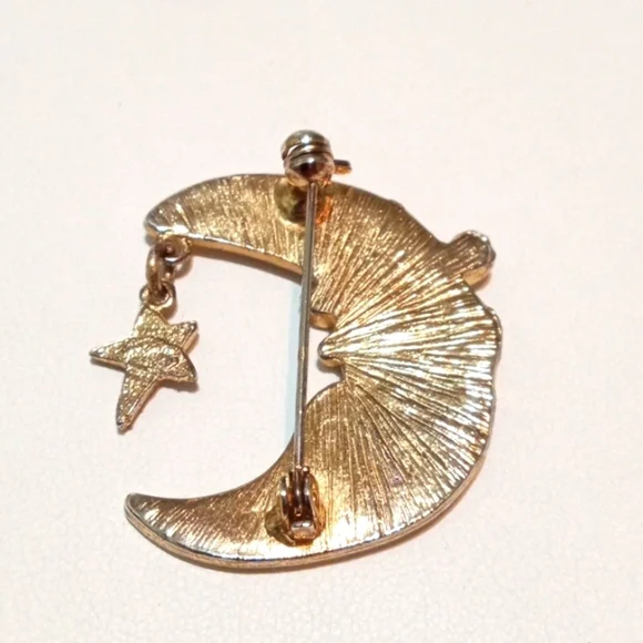 Crescent Moon Brooch With Dangling Star Enameled Vintage Man In The Moon - Picture 3 of 5